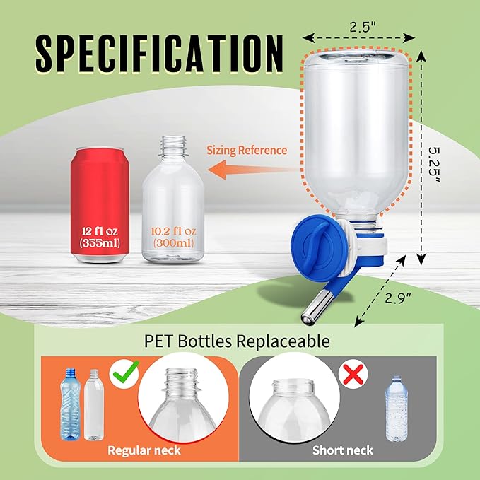 Choco Nose No-Drip Water Bottle Feeder for Hamsters, Hedgehogs, Gliders, Mice, Gerbils, & Small Pets, 10.2 fl.oz, 300ml - Easy to Install in Cages/Crates, US Patented Leakproof Nozzle 10mm, Blue(C125)