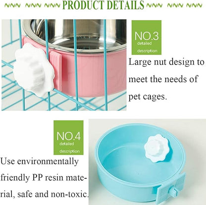 kathson Crate Dog Bowl, Removable Stainless Steel Hanging Pet Cage Bowl Food & Water Feeder Coop Cup for Cat, Puppy, Birds, Rats, Guinea Pigs (6 PCS, Size: M, 2×Blue,2×Green,2×Pink)