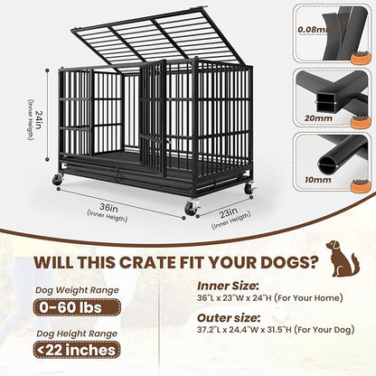 LEVELEVE 38 Inch Heavy Duty Indestructible Dog Crates for Large Dogs，Escape Proof Dog Cage Large Dogs with Lockable Wheels，Dog Kennel Furniture Indoor&Outside