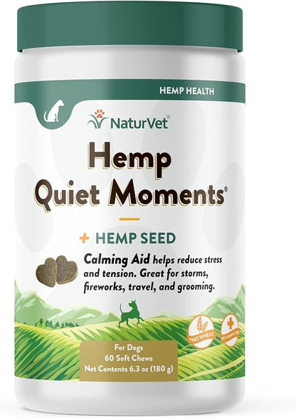 NaturVet Quiet Moments Plus Hemp Calming Aid Soft Chews for Dogs, Count of 60, 60 CT