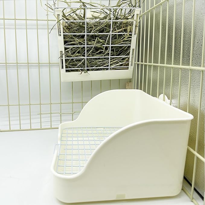 Rabbit Litter Box for Cage Guinea Pig Hay Rack Feeder Rabbits Corner Litter Pan Potty Trainer Pet Toilet Square with Cleaning Set for Hamster, Guinea Pig, Ferret, Bird (White)