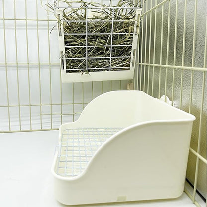 Rabbit Litter Box for Cage Guinea Pig Hay Rack Feeder Rabbits Corner Litter Pan Potty Trainer Pet Toilet Square with Cleaning Set for Hamster, Guinea Pig, Ferret, Bird (White)