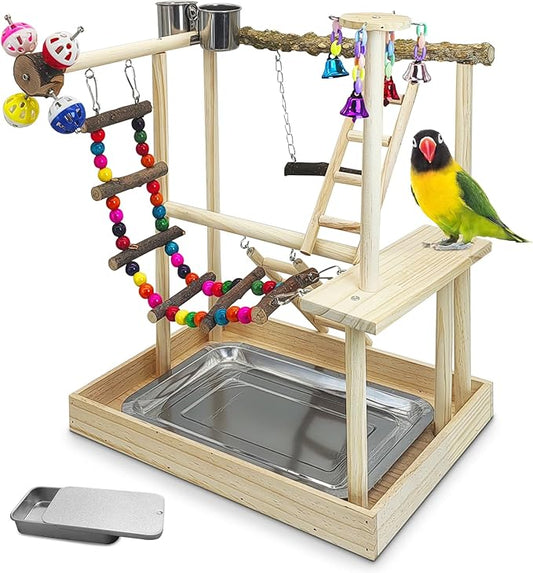 PINVNBY Bird Playground Parrot Perch Stand Play Gym Cockatiel Wood Bird Toys Birds Cage Accessories Playpen Ladder with Feeder Cups Hanging Swing Toys for Parakeet Conure Lovebird Cockatiel