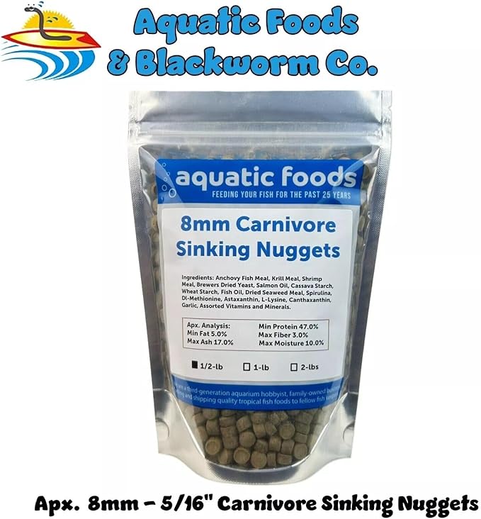 Aquatic Foods Inc. 6mm - 1/4" Carnivore Sinking Pellets for Carnivore Cichlids, Catfish, Monster Fish, Bottom Grazers, All Medium to Large, Also Koi & Pond Fish. - WL…1/2-lb Foil Pouch Bag
