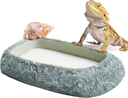 Reptile Feeding Dish, Water Dish and Food Bowl, Resin Rock Reptile Feeding Terrarium Corner Bowls for Bearded Dragon Lizard Frog Gecko Tortoise Hermit Crab Snail