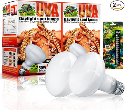 2 Pack Reptile Heating Bulb 50W with Sticked Digital Thermometer for Reptiles Amphibians,Turtles,Chamelon,Lizard,Python,Ceratophrys