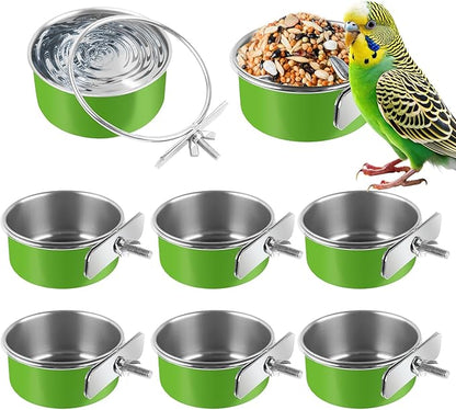 8 Pcs Stainless Steel Bird Bowls, Small Bird Food Dishes for Cage, Parrot Cage Feeder with Clamp Holder for Parakeet/Cockatiels/Conure/Budgies/Ferret/Small Animal