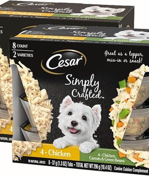 Cesar Simply Crafted Adult Wet Dog Food Meal Topper, Chicken and Chicken, Carrots & Green Beans Variety Pack, 1.3oz. (8 Count, Pack of 2)
