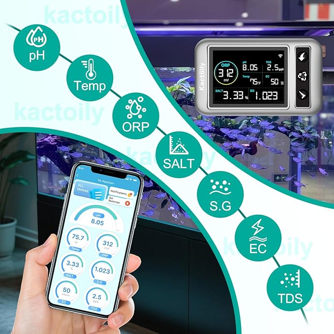 Digital Aquarium Water Tester, Salinity pH ORP TDS EC Temp Multi-Parameter Tester for Freshwater Saltwater Fish Tanks Real-Time Alerts