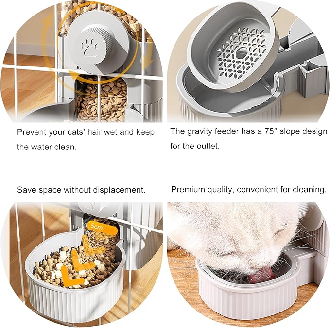 Hanging Cage Automatic Food Water Dispenser, Auto Gravity 1.2L Self-Feeding Feeder and 0.52L Waterer Set, Crate Auto Feeder Dish for Puppy Cats Ferret Bunny Guinea Pig Small Pets (Grey)