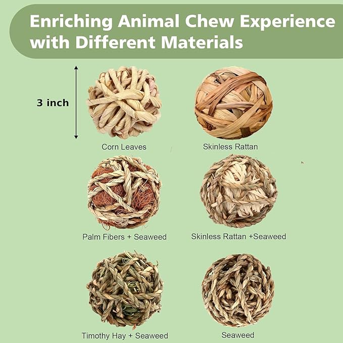 William Craft Bunny Chew Grass Balls, 6 Pcs Rolling Chew Toys for Small Animals, Natural Chew Grass Toys and Bunny Treats for Rabbits, Guinea Pigs, Chinchillas, Hamsters, Mice Teeth Grinding