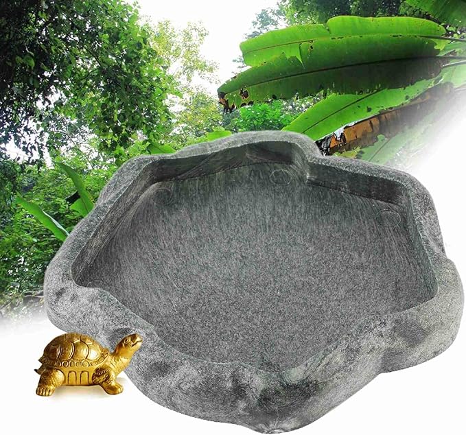 Reptile Water Dish Bowl, Resin Food Bowl Dish, Dark Green Firm Water Dish for Reptile Tank for Tortoise Lizard Pets Feeding Accessories, 1Pcs (S)