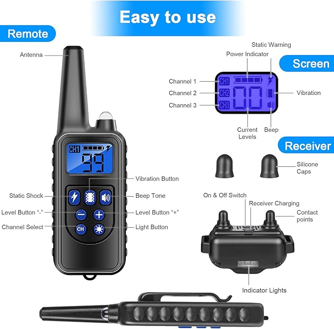 Dog Training Collar Shock Collars for Dogs with Remote 2600 Ft Remote Control Range 4 Modes Beep Vibration Shock Built-in Bright Led Light Rechargeable Waterproof (Black, for 3 Dogs)