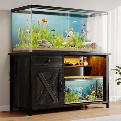 4ever2buy 55-75 Gallon Fish Tank Stand with Power Outlets, LED Light, Heavy Duty Aquarium Stand with Cabinet for Fish Tank Accessories Storage, for Turtle Tank, Reptile Terrarium, 1100LBS, Oak