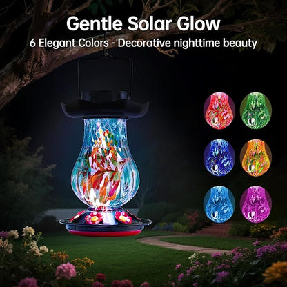 Solar Hummingbird Feeder for Outdoor - 25 fl.oz Hand Blown Glass Hummingbird Feeders for Outdoors Hanging, Large Capacity with Moat, 6 Colors Changing Light Outside Garden Decor (Blue)