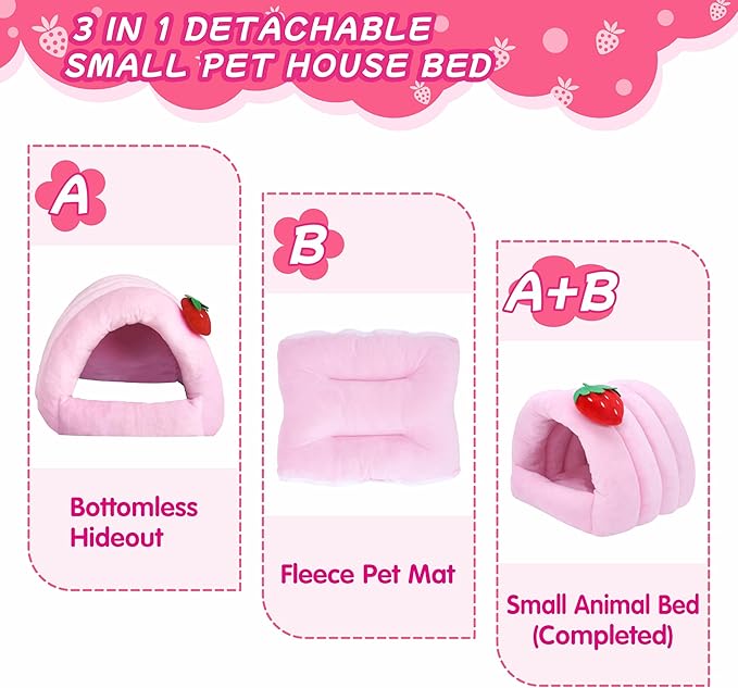 3 in 1 Guinea Pig Hideout Detachable, Warm Fleece Guinea Pig Bed Washable, Multipurpose Small Animal House Bed for Rabbit, Ferret, Hedgehog, Rat and Chinchilla Cage Accessories (Large, Pink)