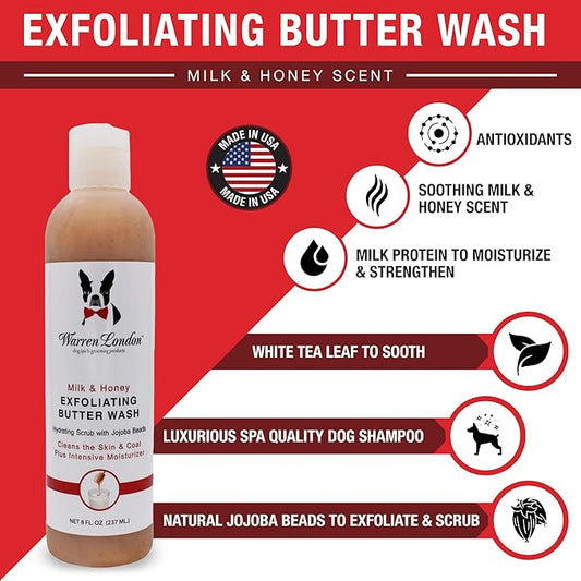 Warren London 8oz Butter Combo - Premium Dog Shampoo & Conditioner - Exfoliating Wash with Fragrant Leave in Conditioner - Detangler and Coat Moisturizer - Milk & Honey w/Guava & Mango