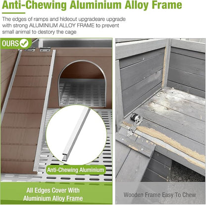 GUTINNEEN Guinea Pig Cages with Anti Chewing Sturdy Plastic Floor and Cool Zinc Plate, Indoor Rabbit Hutch with Hideout and PVC Platform, Elevated Legs Hamster Cage 36.6" L (Brown)