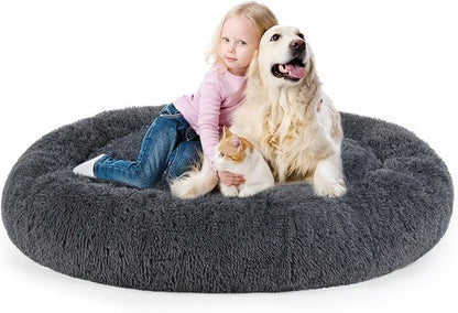 Dog Bed, Cat Calming Bed, Faux Fur Pillow Pet Donut Cuddler Round Plush Bed for Large Medium Small Dogs and Cats (Dark Grey, 49.0" L x 38.0" W x 7.0" Th)