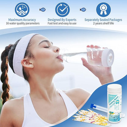 16 in 1 Premium Water Test Kit - 125 Home Water Quality Test Strips for Well and Tap Test Kit - Testing for pH, Hardness, Chlorine, Lead, Iron, Copper, Nitrate, Nitrite, etc