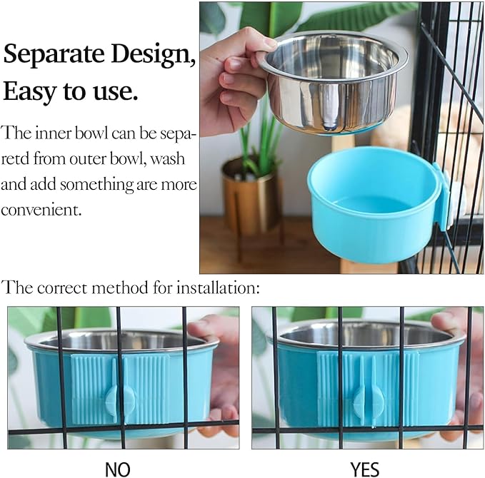 kathson Crate Dog Bowl 2pcs, Removable Stainless Steel Hanging Pet Kennel Cage Bowl Food & Water Feeder Coop Cup for Puppy, Cat, Rabbit, Guinea Pigs (2 PCS, Size: L, Blue and Green)