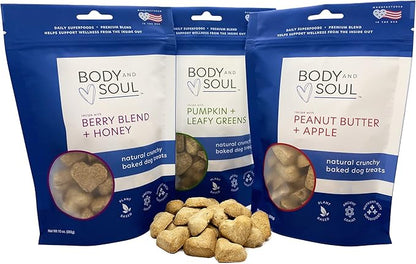 Body and Soul Superfood Dog Treats – 3 Pack Variety | Pumpkin + Leafy Greens, Peanut Butter + Apple, Berry Blend + Honey | Plant-Based Crunchy Biscuits with Ancient Grains | Made in USA