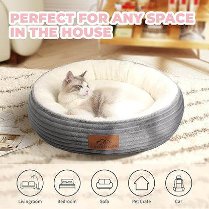 23in Round Cat Dog Bed for Large Medium Small Dogs Cats, Machine Washable Sleeping Sofa, Non-Slip Bottom Breathable Soft Calming Pet Cuddler for Indoor/Outdoor/Car/Cage, Light Grey