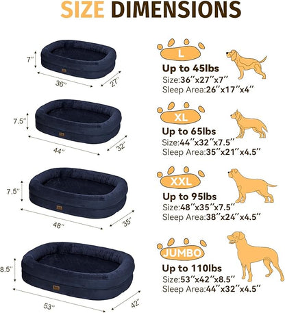 Orthopedic Waterproof Large Dog Bed: Memory Foam Washable Dog Bed with Bolsters - XXL Orthopedic Removable Cover for Medium Large Sized Pet - Non-Slip Bottom - Navy