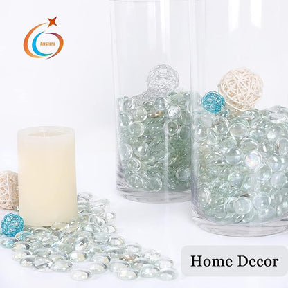 5LB Fire Glass Beads Flat Glass Marbles for Outdoor Fire Pit and Fireplace, Glass Gemstones for Vase Filler, Aquariums, Hydroponics Plants, Home Decor and Christmas DIY Craft, Clear