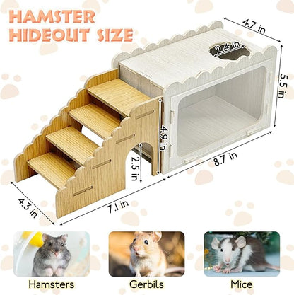 Fhiny Hamster Hideout Wooden Chamber with Climbing Ladder, Visible Hamster Digging Box with Acrylic Transparent Board Gerbil Platform Exploring House Habitat Decor for Dwarf Hamsters Gerbils Mice