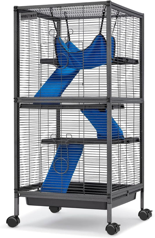 HABUTWAY 45''H Metal Small Animal Cages, Rolling Chinchilla Cage with Removable Ramps, Lagre Critter Nation Cage for Chinchillas/Guinea Pigs/Rabbit, Ferret Cages with Hammock & 4 Tiers, Black