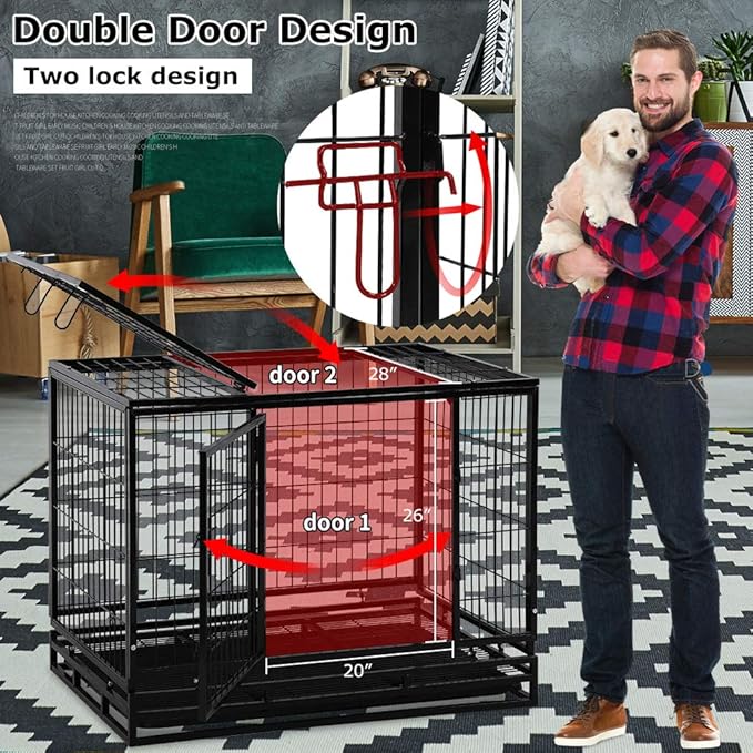 Dog Crate Cage for Large Dogs Heavy Duty 48 Inches Dog Kennel Pet Playpen for Training Indoor Outdoor with Plastic Tray Double Doors & Locks Design