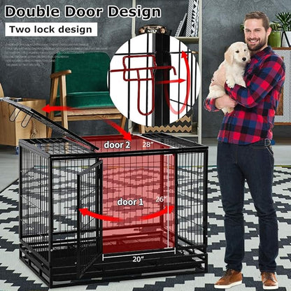 Dog Crate Cage for Large Dogs Heavy Duty 48 Inches Dog Kennel Pet Playpen for Training Indoor Outdoor with Plastic Tray Double Doors & Locks Design
