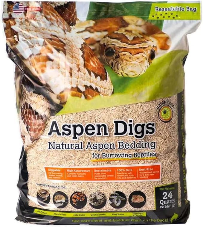 Galápagos (05066) Aspen Digs® Natural Aspen Bedding for Snakes, Reptiles, and Small Animals – Soft and Absorbent Small Animal Bedding for Hamsters, Guinea Pigs, Rabbits, and Snake Enclosures, 24 Quart