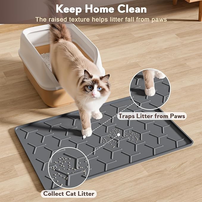 Cat Litter Box Mat, Silicone Kitty Litter Mat, 24" X 16" Waterproof Silicone Pad for Floor, Dark Gray