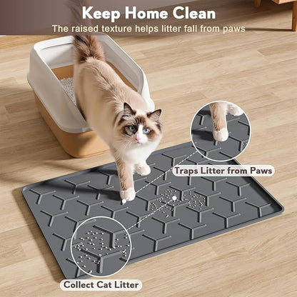 Cat Litter Box Mat, Silicone Kitty Litter Mat, 24" X 16" Waterproof Silicone Pad for Floor, Dark Gray