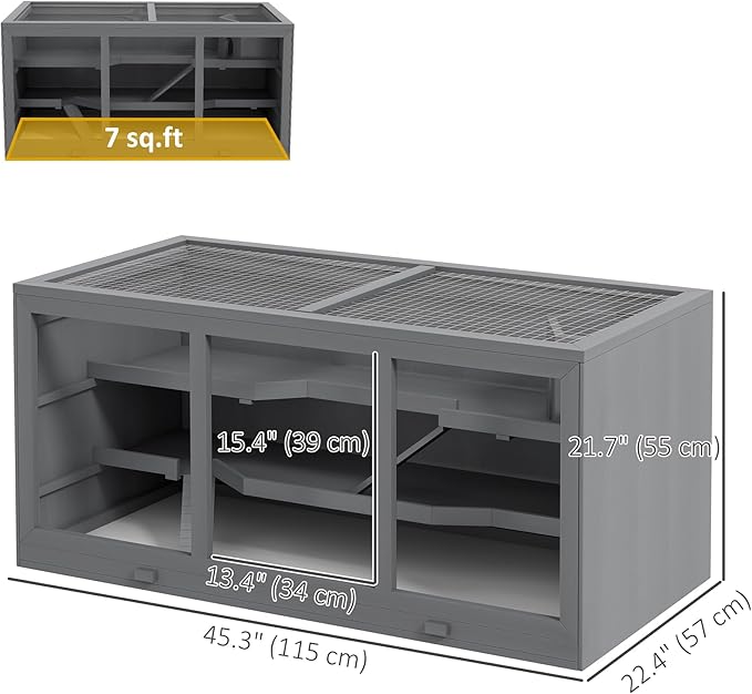 PawHut 45" Extra Large Wooden Hamster Cage, 3-Layer Rat Cage with Opening Roof, PVC Window, Small Animal Habitat for Gerbil, Dwarf & Syrian Hamsters, Gray