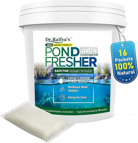 Dr. Raifya's Pond Fresher - 16 Packets - Pond Water Treatment for Outdoor Areas, Long-Lasting Clean Water & Odor with Beneficial Bacteria, Easy to Use, Fish, Pets & Plants Safe