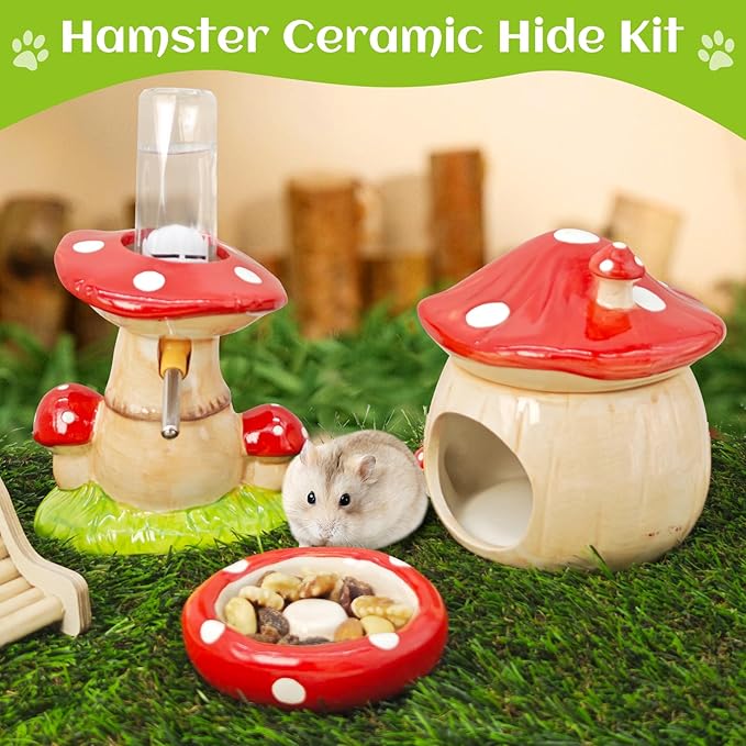 BNOSDM 3 in 1 Ceramic Hamster Hideout Hamster Food Bowl Hamster Water Bottle with Stand for Glass Tanks - Mushroom Shape Hamster Cage Accessories Cool Hides for Dwarf Syrian Mice Gerbils (Red)