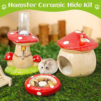 BNOSDM 3 in 1 Ceramic Hamster Hideout Hamster Food Bowl Hamster Water Bottle with Stand for Glass Tanks - Mushroom Shape Hamster Cage Accessories Cool Hides for Dwarf Syrian Mice Gerbils (Red)
