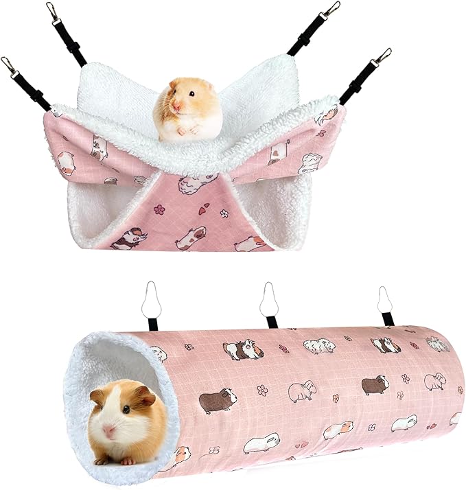 LUCKITTY Small Pet Hammock & Tunnel Set for Ferrets, Guinea Pigs, Rats - Plush Hideout Bed & Cage Toy, 2-Pack, Pink Guinea Pig Print