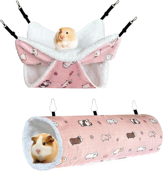 LUCKITTY Small Pet Hammock & Tunnel Set for Ferrets, Guinea Pigs, Rats - Plush Hideout Bed & Cage Toy, 2-Pack, Pink Guinea Pig Print