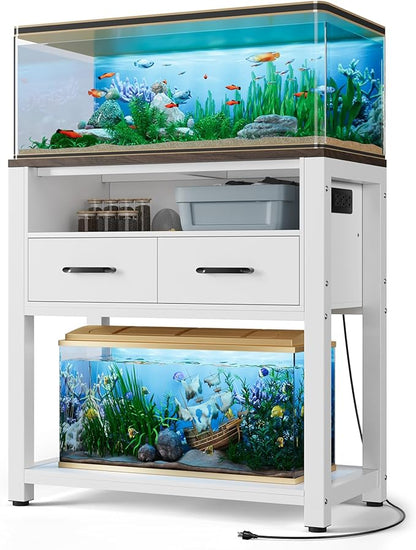 20-29 Gallon Aquarium Stand with Stable Metal Frame & Power Outlet, Heavy-Duty Fish Tank Stand with Waterproof Mat, 550LBS Capacity Storage Cabinet, White+Brown