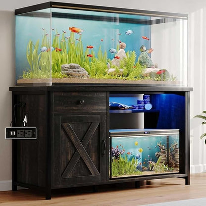 4ever2buy 55-75 Gallon Fish Tank Stand with Power Outlets, LED Light, Heavy Duty Aquarium Stand with Cabinet for Fish Tank Accessories Storage, for Turtle Tank, Reptile Terrarium, 1100LBS, Oak