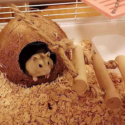 Bird Hides Coconut Nest with Wood Ladder,Syrian Hamster Cage Hanging Natural Coco Shell Hut Hide Toy with Wooden Bridge,Hollow Hideaway Toys for Small Animal Rat Lovebird Finches