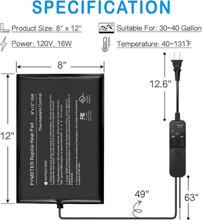 Reptile Heating Pad with PID Thermostat & Timer 8"x12" Terrarium Under Tank Heater for Hermit Crab/Snake/Turtle/Lizard/Frog/Spider, and Other Reptiles