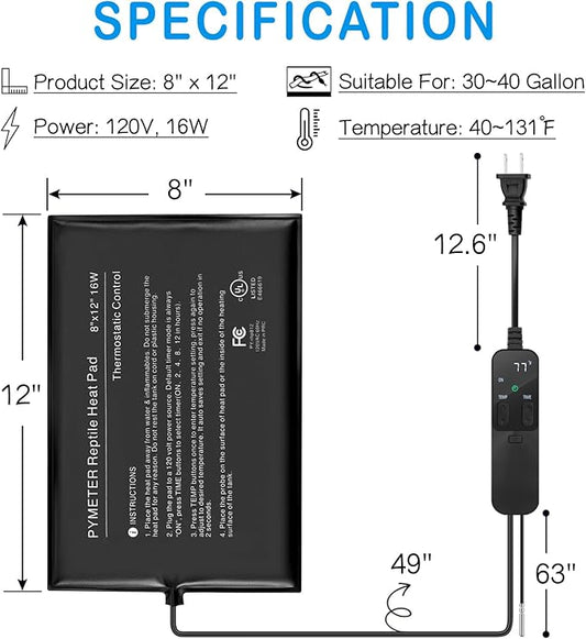 Reptile Heating Pad with PID Thermostat & Timer 8"x12" Terrarium Under Tank Heater for Hermit Crab/Snake/Turtle/Lizard/Frog/Spider, and Other Reptiles