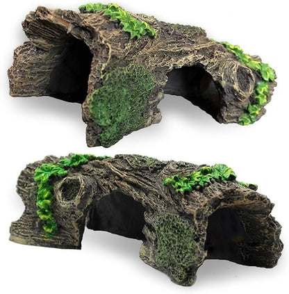 2PCS Aquarium Trunk Decoration Small Hollow Tree Trunk Hideout Log Hideaway Fish Tank Resin Wood Ornament Reptile Habitat Cave for Fish and Shrimp to Swim(6.7X 3.3 x 3'')
