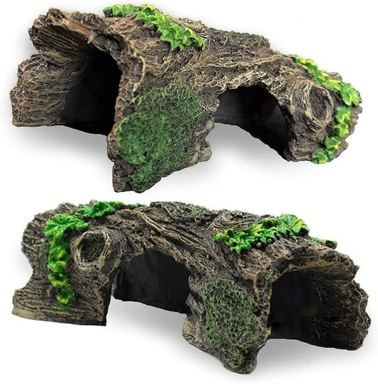 2PCS Aquarium Trunk Decoration Small Hollow Tree Trunk Hideout Log Hideaway Fish Tank Resin Wood Ornament Reptile Habitat Cave for Fish and Shrimp to Swim(6.7X 3.3 x 3'')