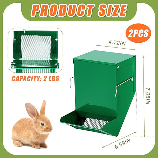 Maxcheck 2 Pcs Rabbit Feeder for Cages Small Animal Food Dispenser with Lid Metal Chicken Grit Oyster Shell Feeders Outside (4.7 Inches,Mesh Bottom,Green)